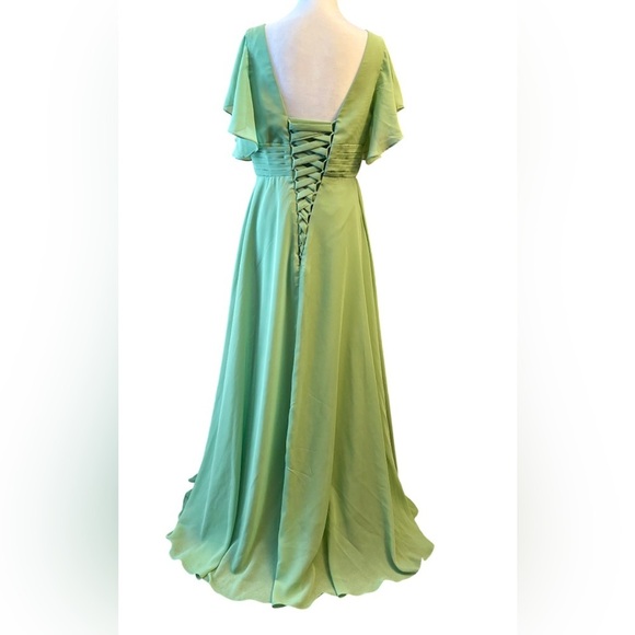 Green Flutter Sleeve V-Neck Gown for Wedding w/jacket - Picture 2 of 9
